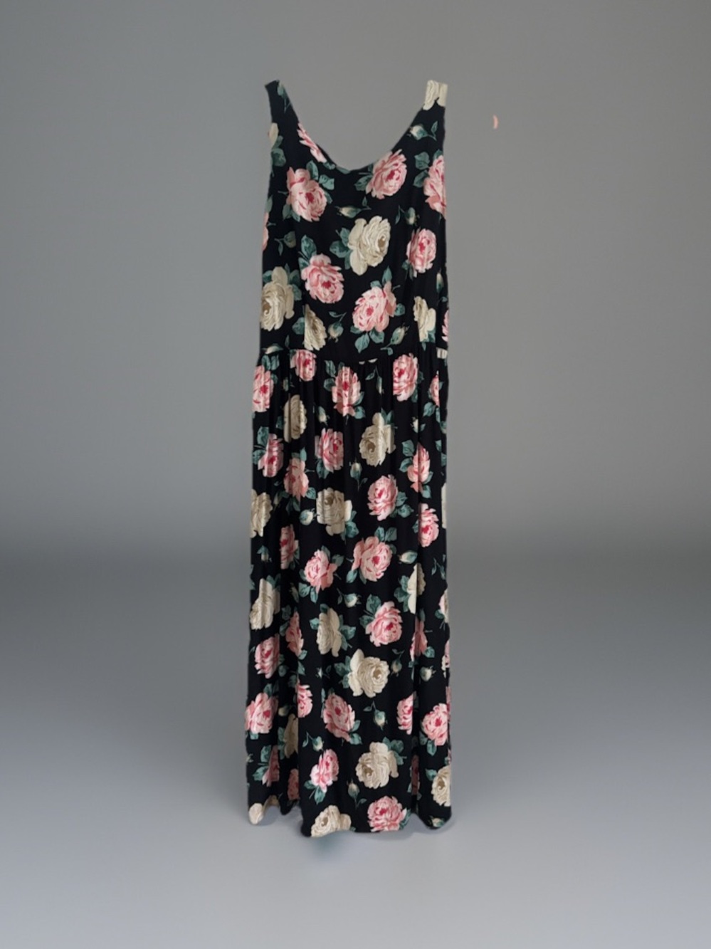 Vintage Karin Stevens Black Midi Dress w Pink & Cream Roses Rayon 90s Sundress
